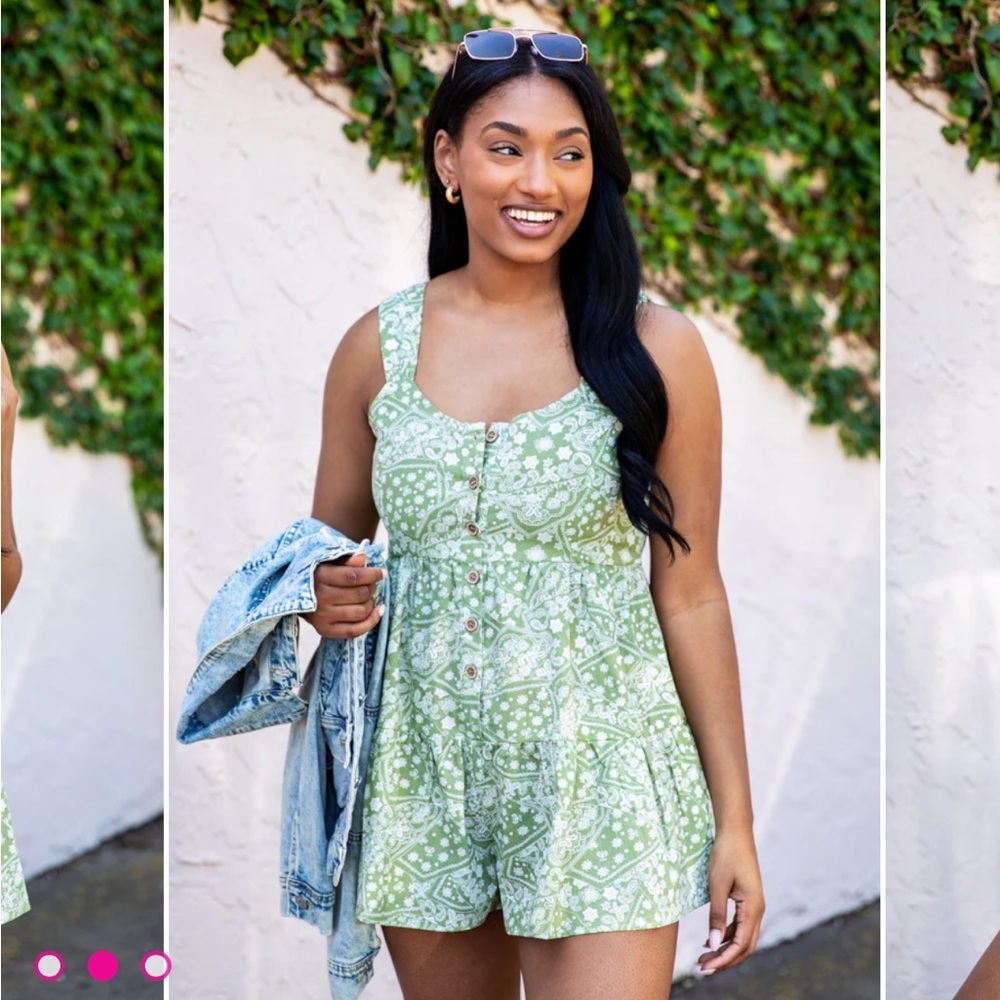NWT Pink Lily Olive Patchwork Bandana Printed Tank Romper